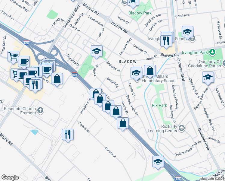 map of restaurants, bars, coffee shops, grocery stores, and more near 5460 Curtis Street in Fremont