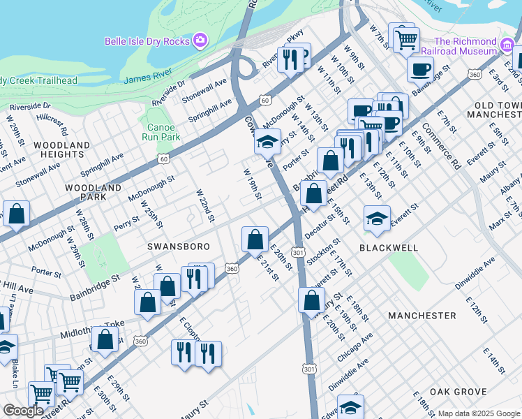 map of restaurants, bars, coffee shops, grocery stores, and more near 1902 Bainbridge Street in Richmond