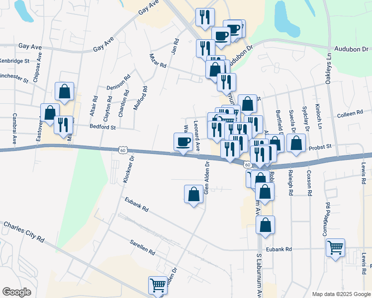 map of restaurants, bars, coffee shops, grocery stores, and more near 4206 Aspen Shades Parkway in Richmond
