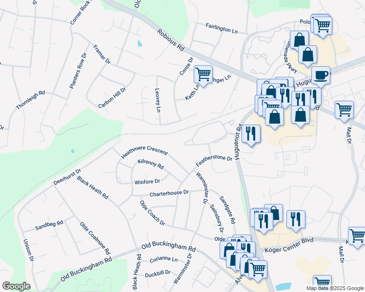 map of restaurants, bars, coffee shops, grocery stores, and more near 11949 West Briar Patch Drive in Midlothian