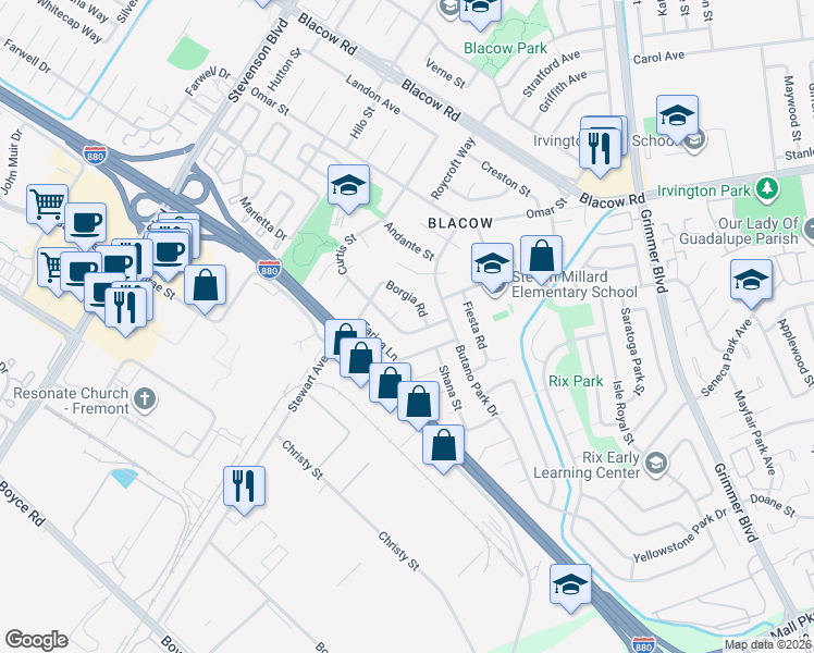 map of restaurants, bars, coffee shops, grocery stores, and more near 5460 Curtis Street in Fremont