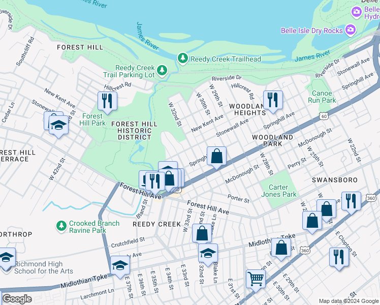 map of restaurants, bars, coffee shops, grocery stores, and more near 616 West 32nd Street in Richmond