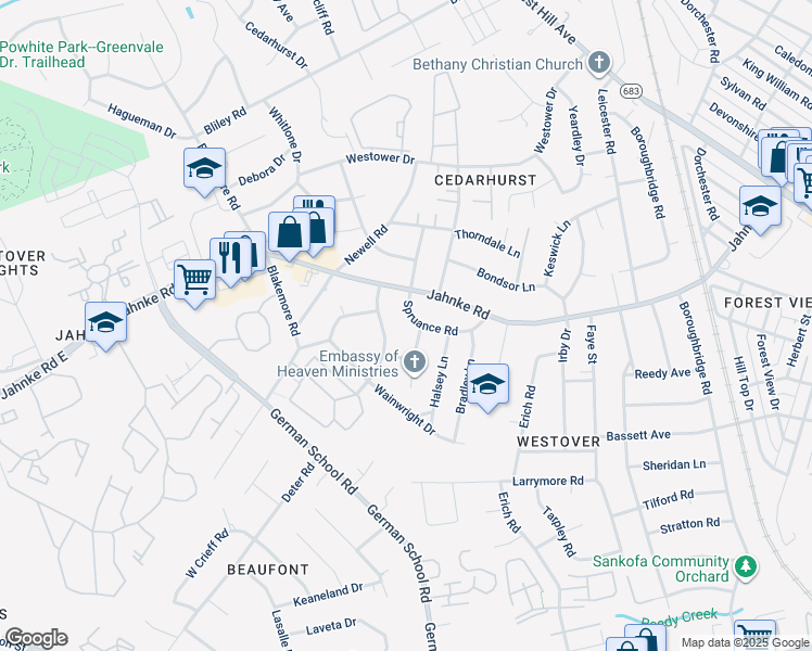 map of restaurants, bars, coffee shops, grocery stores, and more near 5831 Spruance Road in Richmond