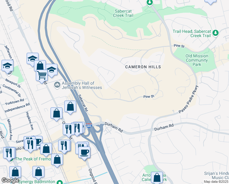 map of restaurants, bars, coffee shops, grocery stores, and more near 43733 Greenhills Way in Fremont