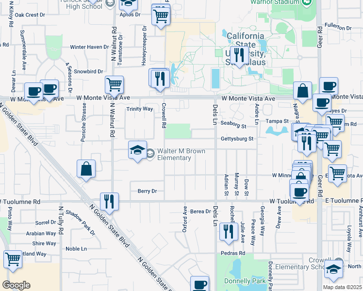 map of restaurants, bars, coffee shops, grocery stores, and more near 1011 Georgetown Avenue in Turlock