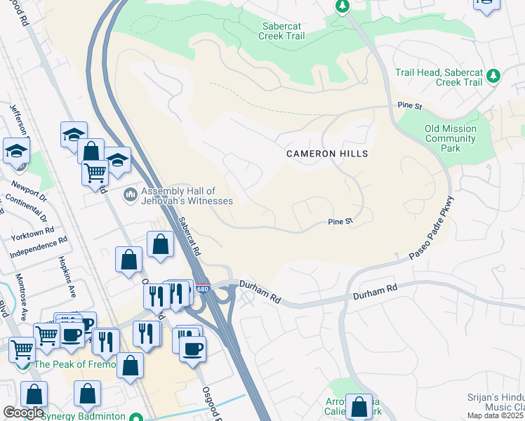 map of restaurants, bars, coffee shops, grocery stores, and more near 43733 Greenhills Way in Fremont