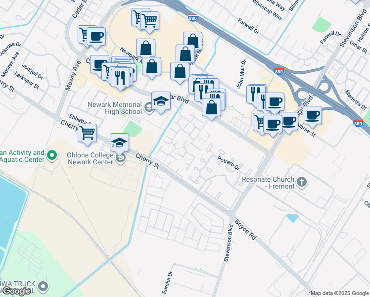 map of restaurants, bars, coffee shops, grocery stores, and more near 6300 Joaquin Murieta Avenue in Newark