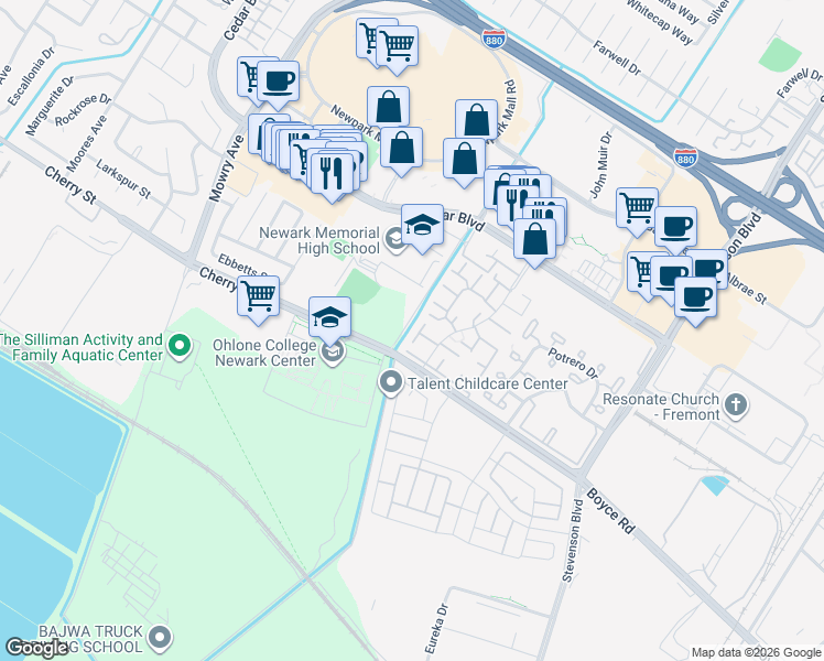 map of restaurants, bars, coffee shops, grocery stores, and more near 6371 Joaquin Murieta Avenue in Newark