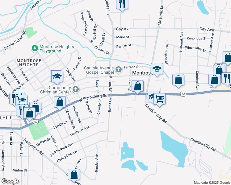 map of restaurants, bars, coffee shops, grocery stores, and more near 2504 Williamsburg Road in Henrico