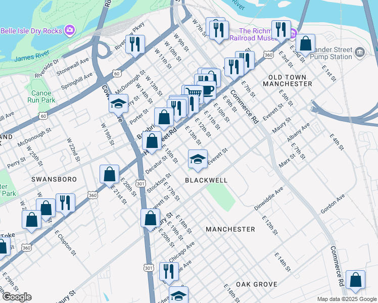 map of restaurants, bars, coffee shops, grocery stores, and more near 119 Lipscomb Street in Richmond