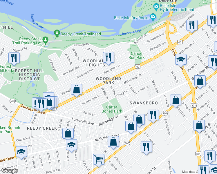 map of restaurants, bars, coffee shops, grocery stores, and more near 401 West 28th Street in Richmond