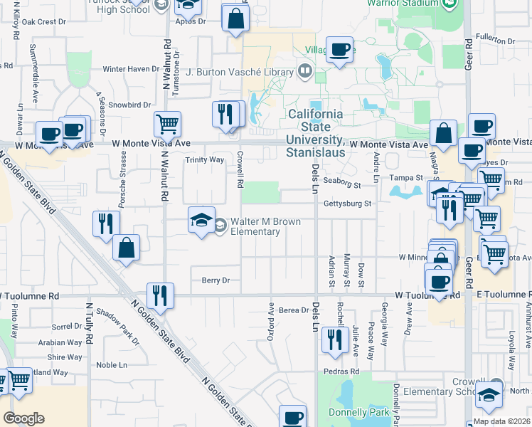 map of restaurants, bars, coffee shops, grocery stores, and more near 1011 Georgetown Avenue in Turlock