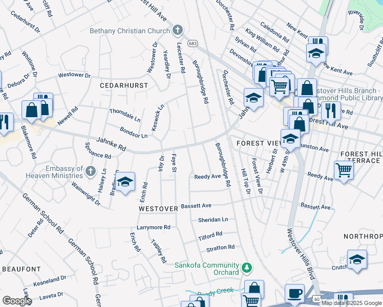 map of restaurants, bars, coffee shops, grocery stores, and more near 1041 Byswick Lane in Richmond