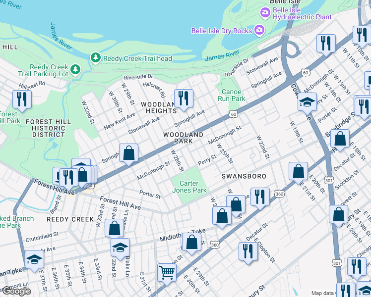 map of restaurants, bars, coffee shops, grocery stores, and more near 404 West 27th Street in Richmond