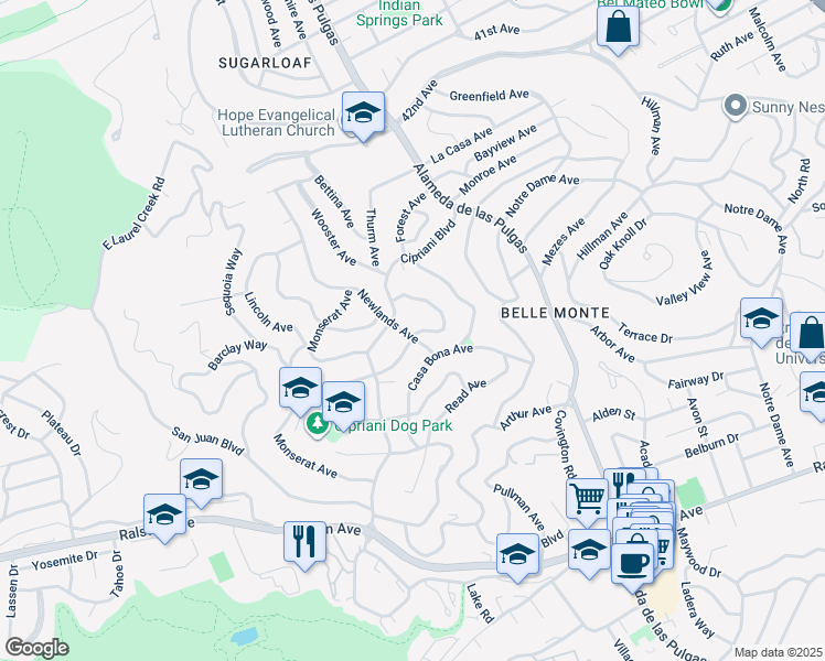 map of restaurants, bars, coffee shops, grocery stores, and more near 2326 Buena Vista Avenue in Belmont