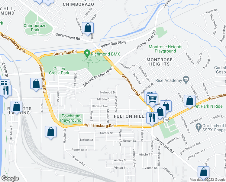 map of restaurants, bars, coffee shops, grocery stores, and more near 1312 Nelwood Drive in Richmond