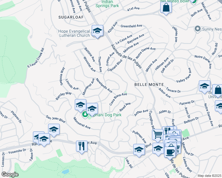 map of restaurants, bars, coffee shops, grocery stores, and more near 2326 Buena Vista Avenue in Belmont