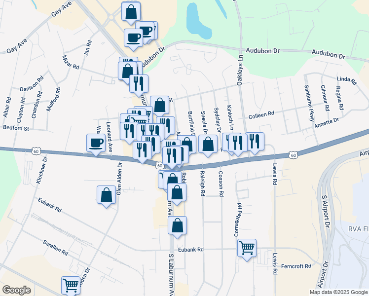 map of restaurants, bars, coffee shops, grocery stores, and more near 4907 Allenshaw Drive in Richmond
