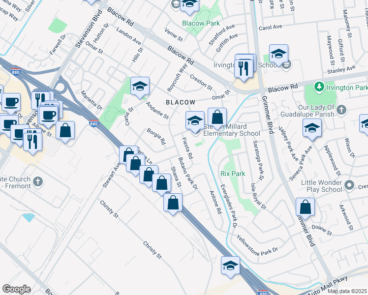 map of restaurants, bars, coffee shops, grocery stores, and more near 5479 Fiesta Road in Fremont
