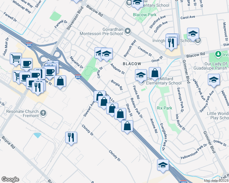 map of restaurants, bars, coffee shops, grocery stores, and more near 105 Visa Court in Fremont
