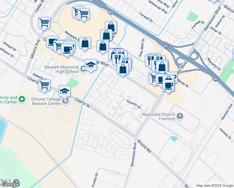 map of restaurants, bars, coffee shops, grocery stores, and more near 6234 Joaquin Murieta Avenue in Newark