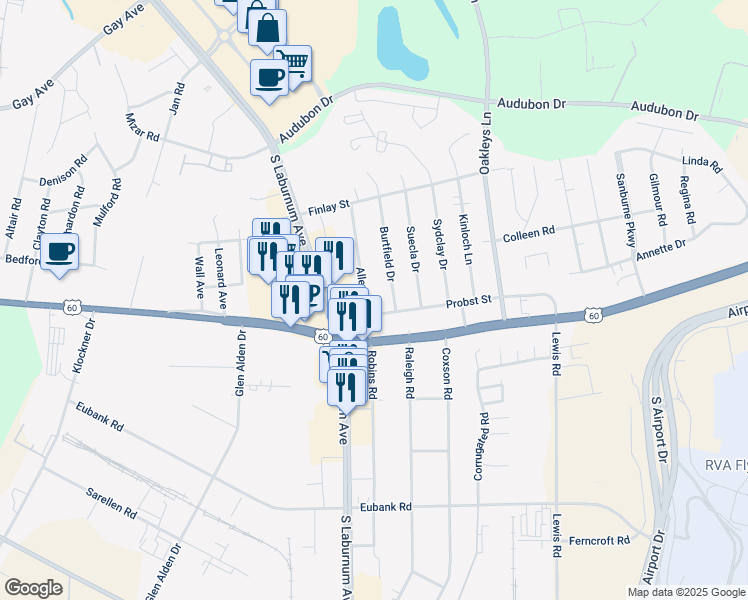map of restaurants, bars, coffee shops, grocery stores, and more near 4907 Allenshaw Drive in Richmond