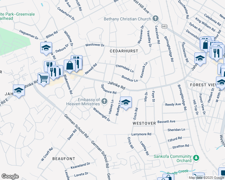 map of restaurants, bars, coffee shops, grocery stores, and more near 5801 Spruance Road in Richmond
