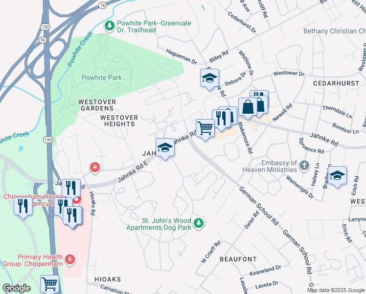 map of restaurants, bars, coffee shops, grocery stores, and more near 1100 German School Road in Richmond