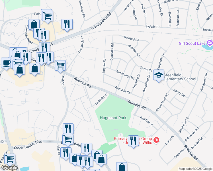 map of restaurants, bars, coffee shops, grocery stores, and more near 11131 Granada Road in Richmond