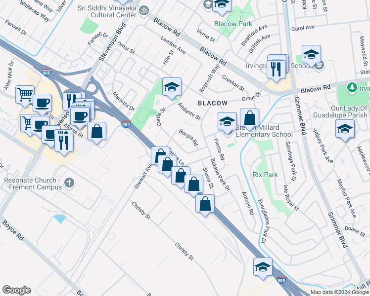 map of restaurants, bars, coffee shops, grocery stores, and more near 105 Visa Court in Fremont