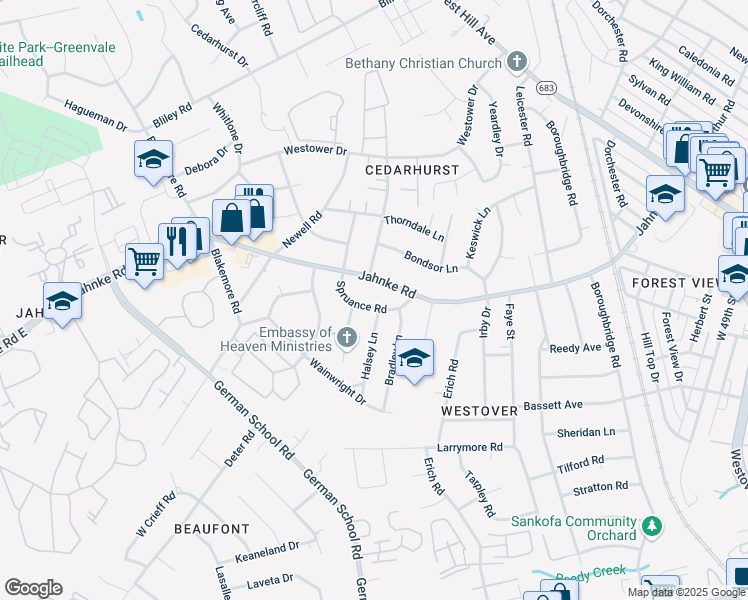 map of restaurants, bars, coffee shops, grocery stores, and more near 5801 Spruance Road in Richmond