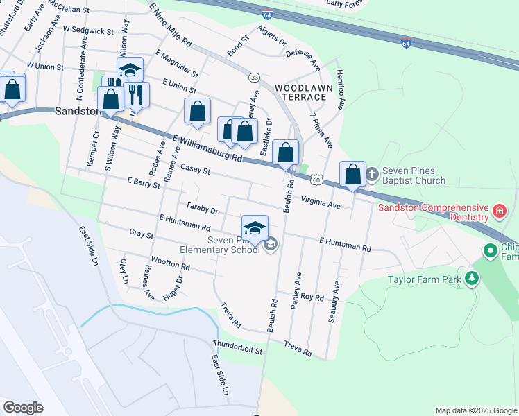 map of restaurants, bars, coffee shops, grocery stores, and more near 409 Green Hollow Lane in Sandston