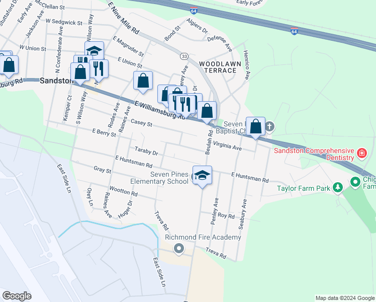 map of restaurants, bars, coffee shops, grocery stores, and more near 409 Green Hollow Lane in Sandston