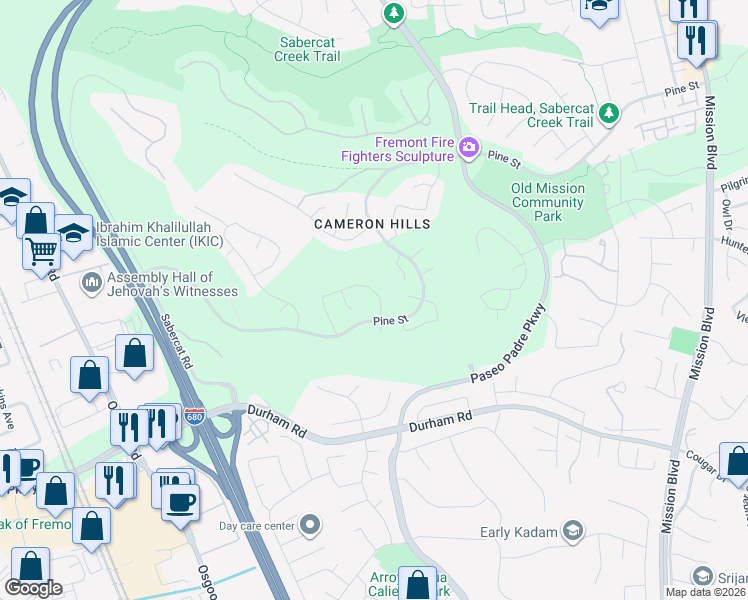 map of restaurants, bars, coffee shops, grocery stores, and more near 43718 Cameron Hills Drive in Fremont