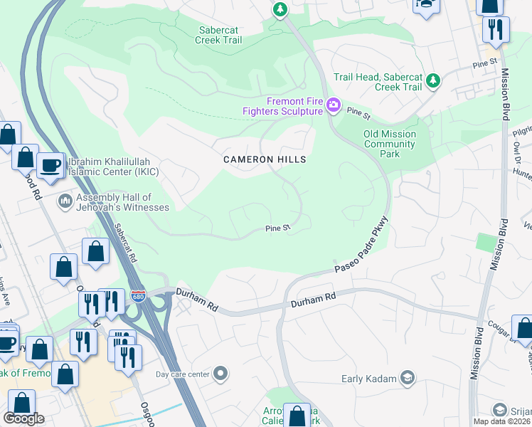 map of restaurants, bars, coffee shops, grocery stores, and more near 43718 Cameron Hills Drive in Fremont