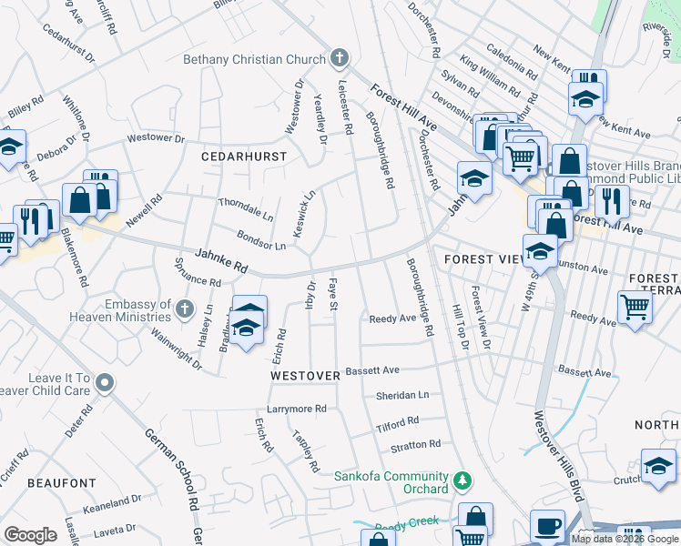 map of restaurants, bars, coffee shops, grocery stores, and more near 1006 Faye Street in Richmond
