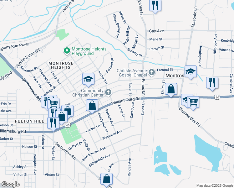 map of restaurants, bars, coffee shops, grocery stores, and more near 2309 National Street in Richmond