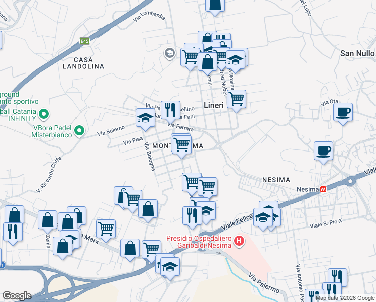 map of restaurants, bars, coffee shops, grocery stores, and more near 60 Via Milano in Misterbianco