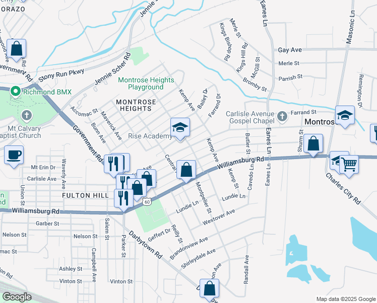 map of restaurants, bars, coffee shops, grocery stores, and more near 2021 Carlisle Avenue in Richmond