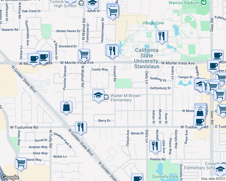 map of restaurants, bars, coffee shops, grocery stores, and more near 1100 Georgetown Avenue in Turlock