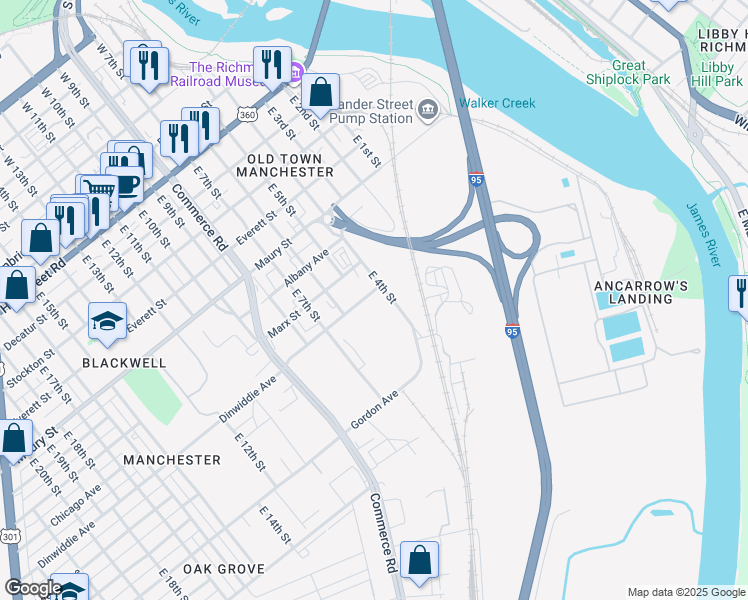 map of restaurants, bars, coffee shops, grocery stores, and more near 925 East 4th Street in Richmond