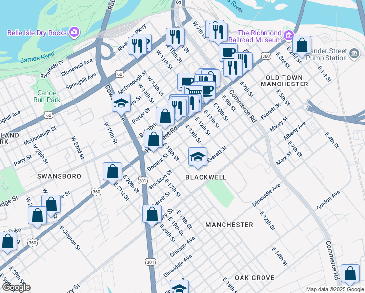 map of restaurants, bars, coffee shops, grocery stores, and more near 1408 Decatur Street in Richmond