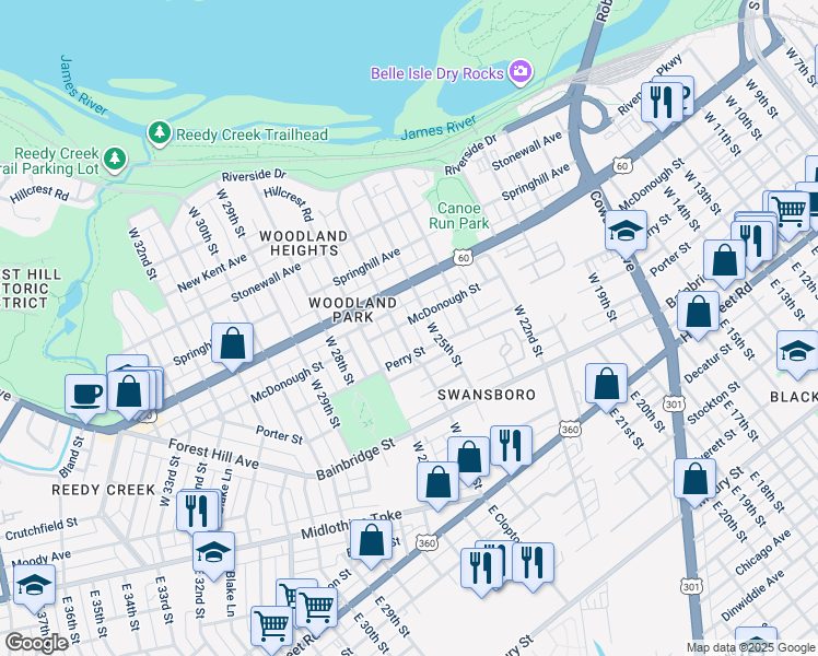 map of restaurants, bars, coffee shops, grocery stores, and more near 301 West 26th Street in Richmond