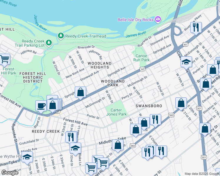map of restaurants, bars, coffee shops, grocery stores, and more near 401 West 28th Street in Richmond