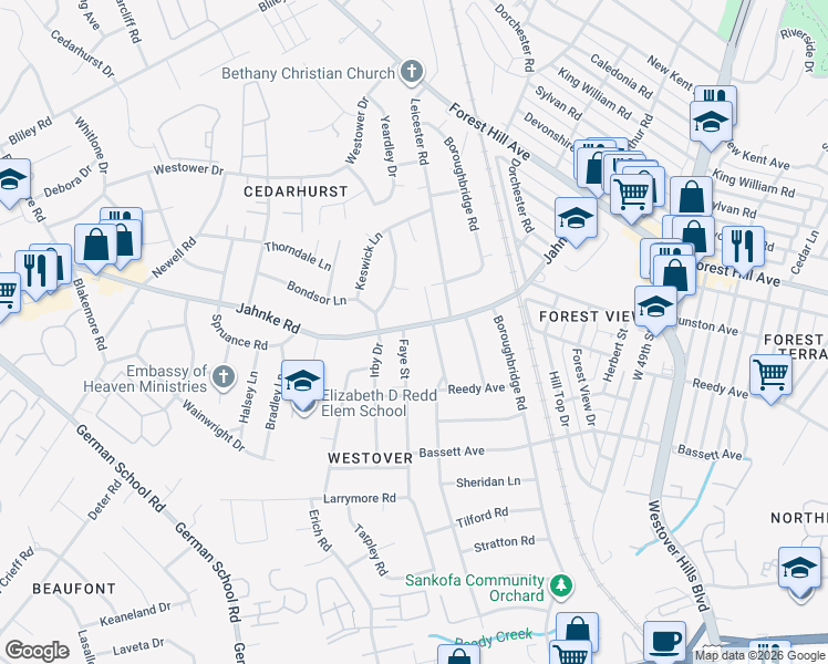 map of restaurants, bars, coffee shops, grocery stores, and more near 1006 Faye Street in Richmond
