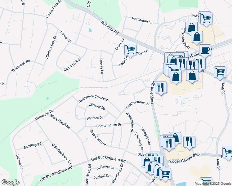 map of restaurants, bars, coffee shops, grocery stores, and more near 11957 West Briar Patch Drive in Midlothian