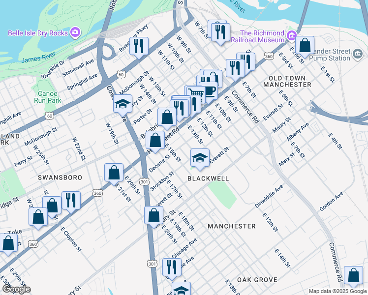 map of restaurants, bars, coffee shops, grocery stores, and more near 1408 Decatur Street in Richmond