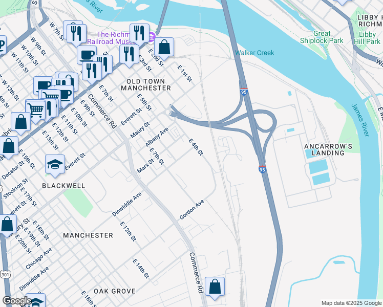 map of restaurants, bars, coffee shops, grocery stores, and more near 925 East 4th Street in Richmond