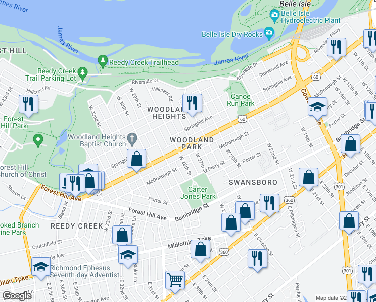 map of restaurants, bars, coffee shops, grocery stores, and more near 401 West 28th Street in Richmond