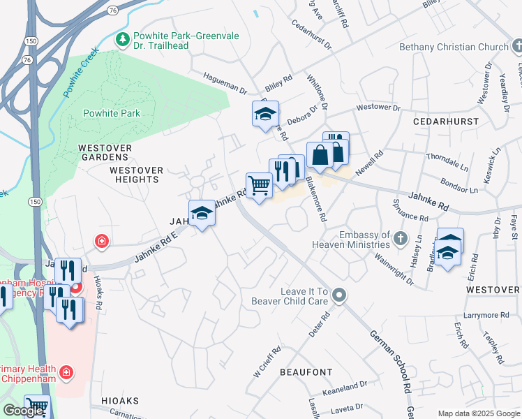map of restaurants, bars, coffee shops, grocery stores, and more near 6409 Jahnke Road in Richmond
